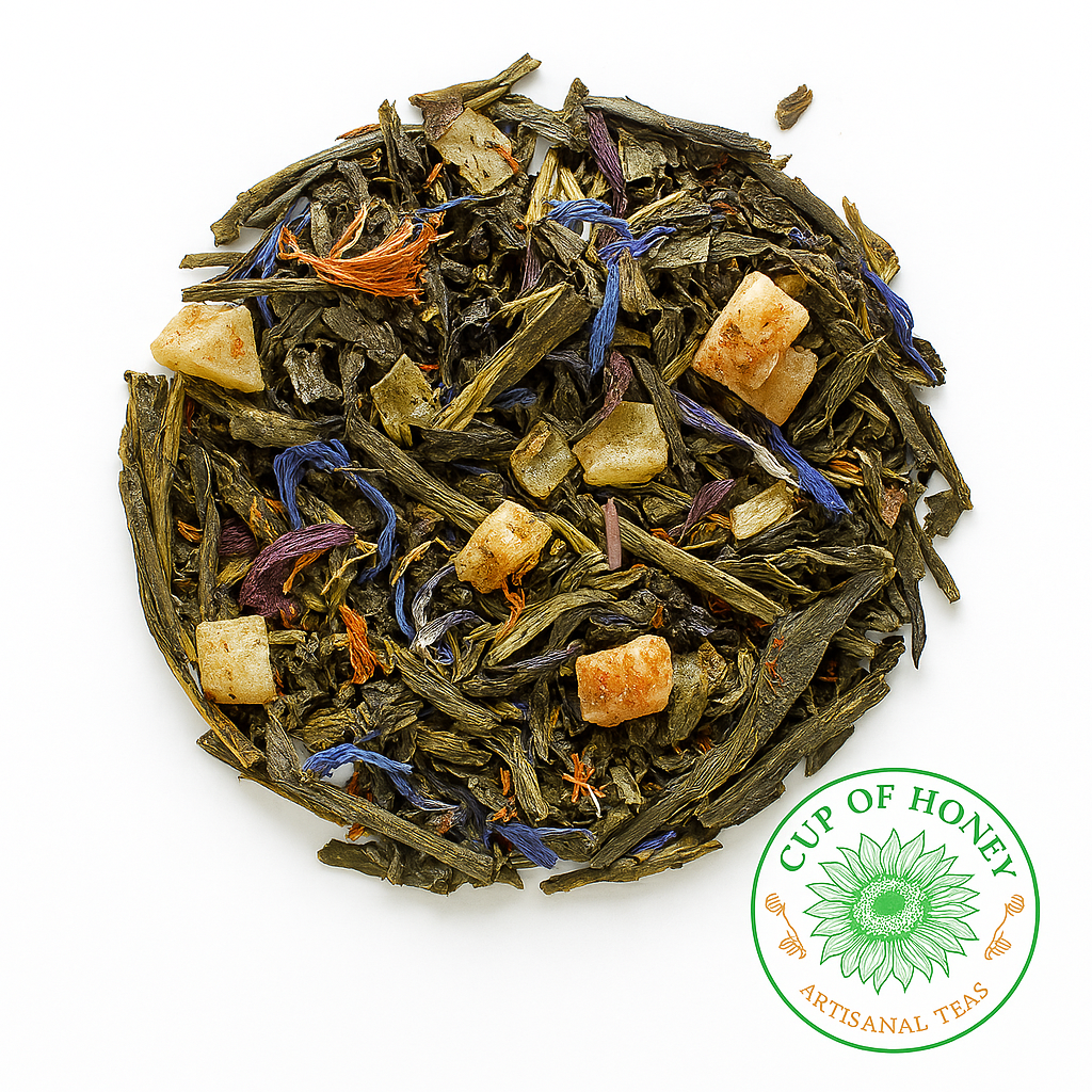 A vibrant pineapple and mango green tea blended with elderberries, beetroot, and bright florals for a sweet, antioxidant‑rich tropical sip.