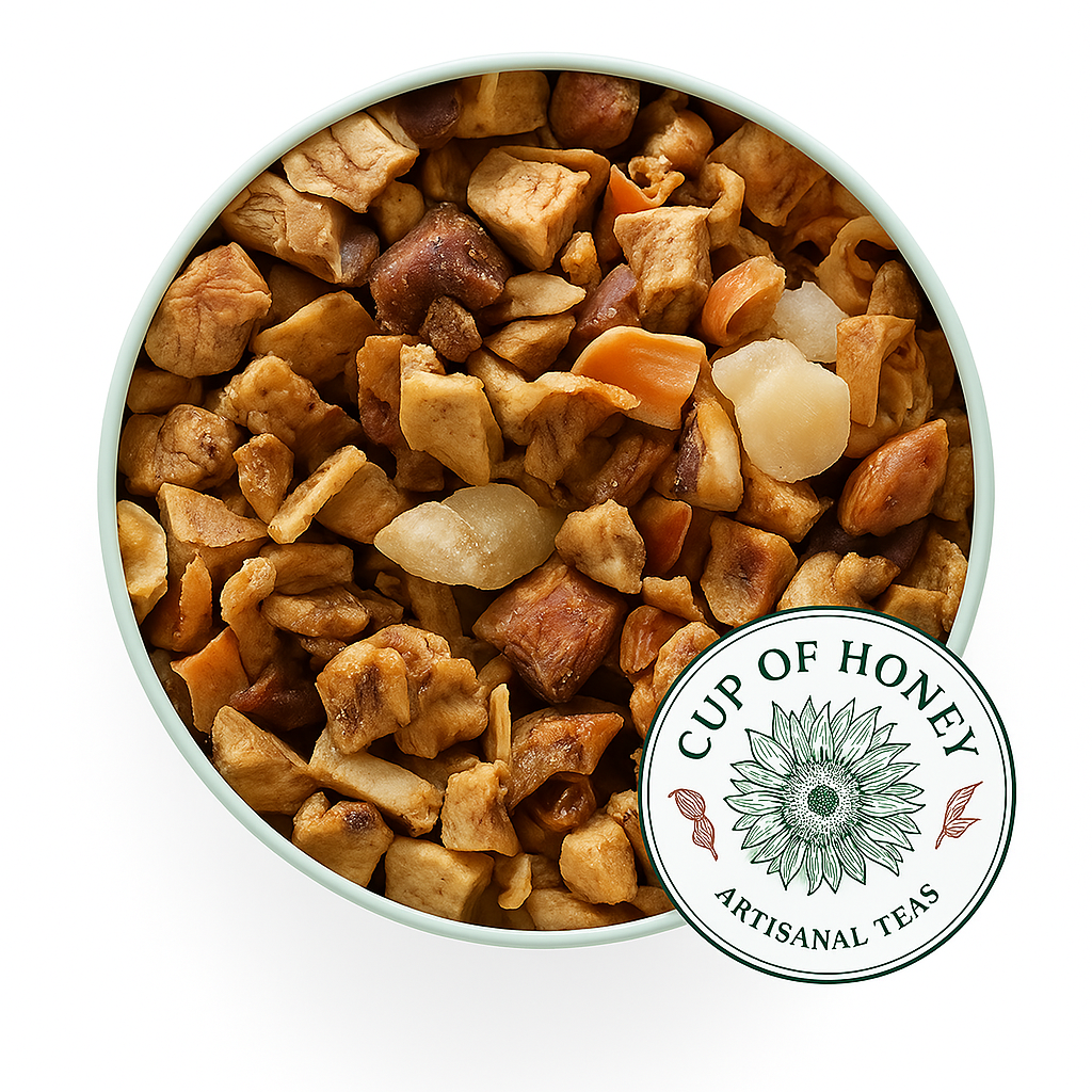 Sip of Honey watermelon herbal tea with juicy watermelon pieces, apple chunks, and vibrant pink‑red loose‑leaf ingredients, served hot or cold.