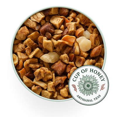 Sip of Honey watermelon herbal tea with juicy watermelon pieces, apple chunks, and vibrant pink‑red loose‑leaf ingredients, served hot or cold.